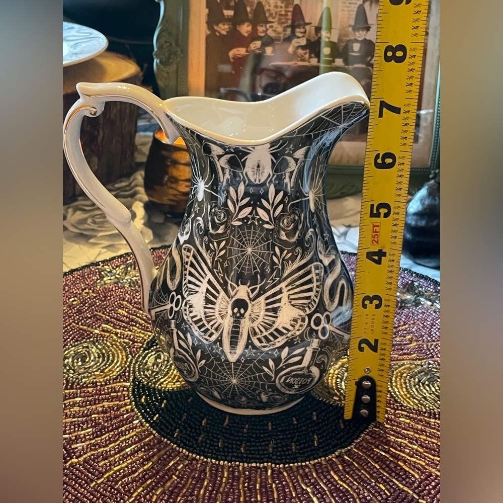MONTEREY BAY NEW Fine Porcelain Gothic Serving Pitcher With Moth Skull Design - Picture 9 of 16